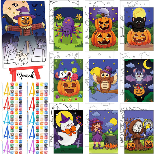 Blosssound 10 Set Pre Printed Canvas Pre Drawn Canvas Painting with Easel Kits 5" x 7" Outline Painting Panels for Beginners, DIY Craft Project, Party Favor, Home Decors(Spider)