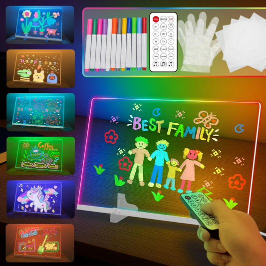 LED Note Board with Colors, Glass Led Drawing Board with 12 Colors & 320 Dynamic Effects, Light Up Drawing Board with 12 Pens, Cleaning Cloth & Gloves, 11.81’’X7.87’’