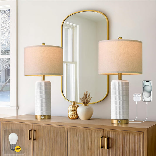 PoKat Touch Bedside Table Lamps with USB Ports for Bedroom, 25'' Dimmable Nightstand Touch Lamps for Night Stands, White Ceramic Lamps with Gold Base for Living Room End Side Table, Frosted White