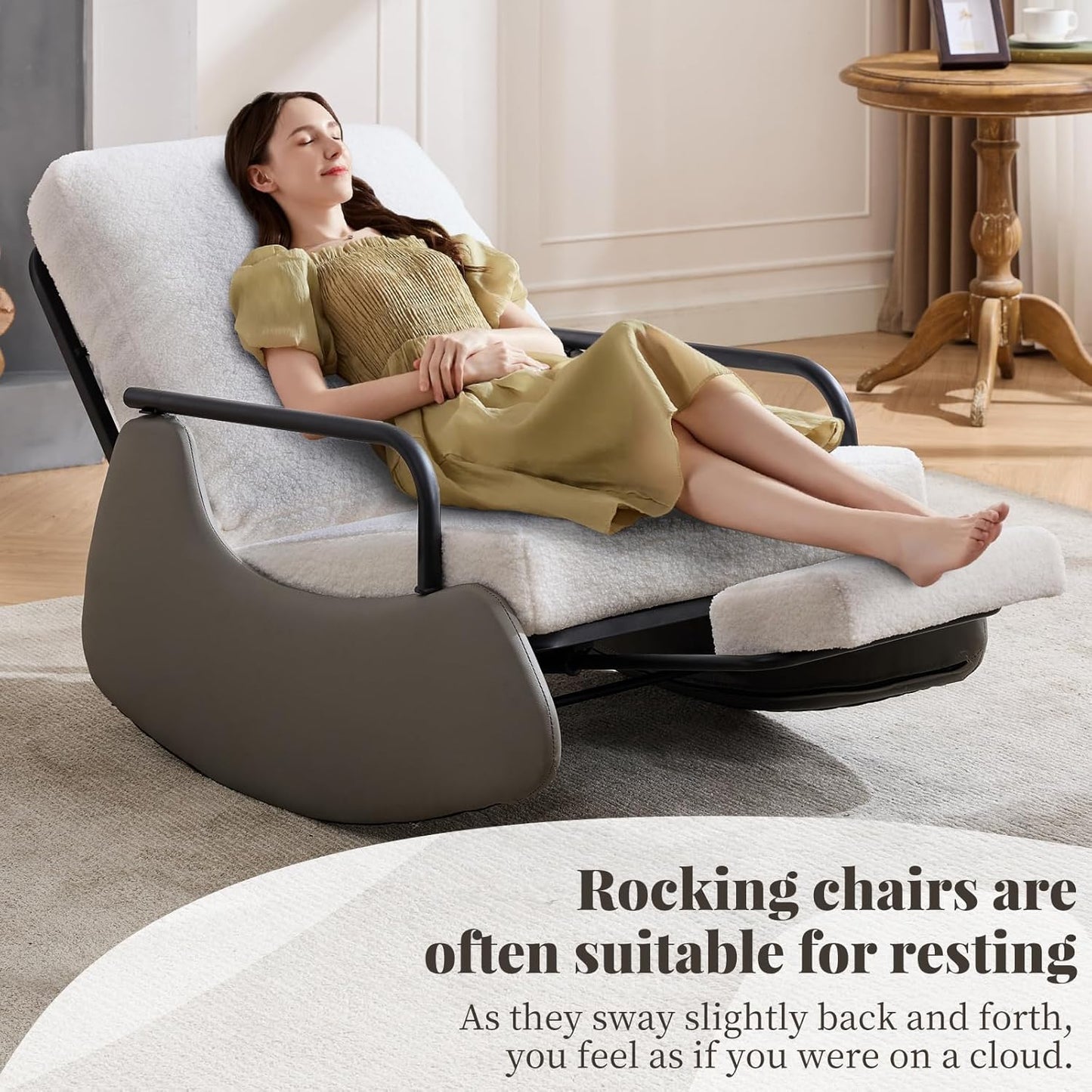 Nursery Rocking Chair, Teddy Upholstered Glider Rocker Modern Accent Chair Padded Seat with High Backrest,Comfy Side Chair for Nursery,Living Room Bedroom Offices, White