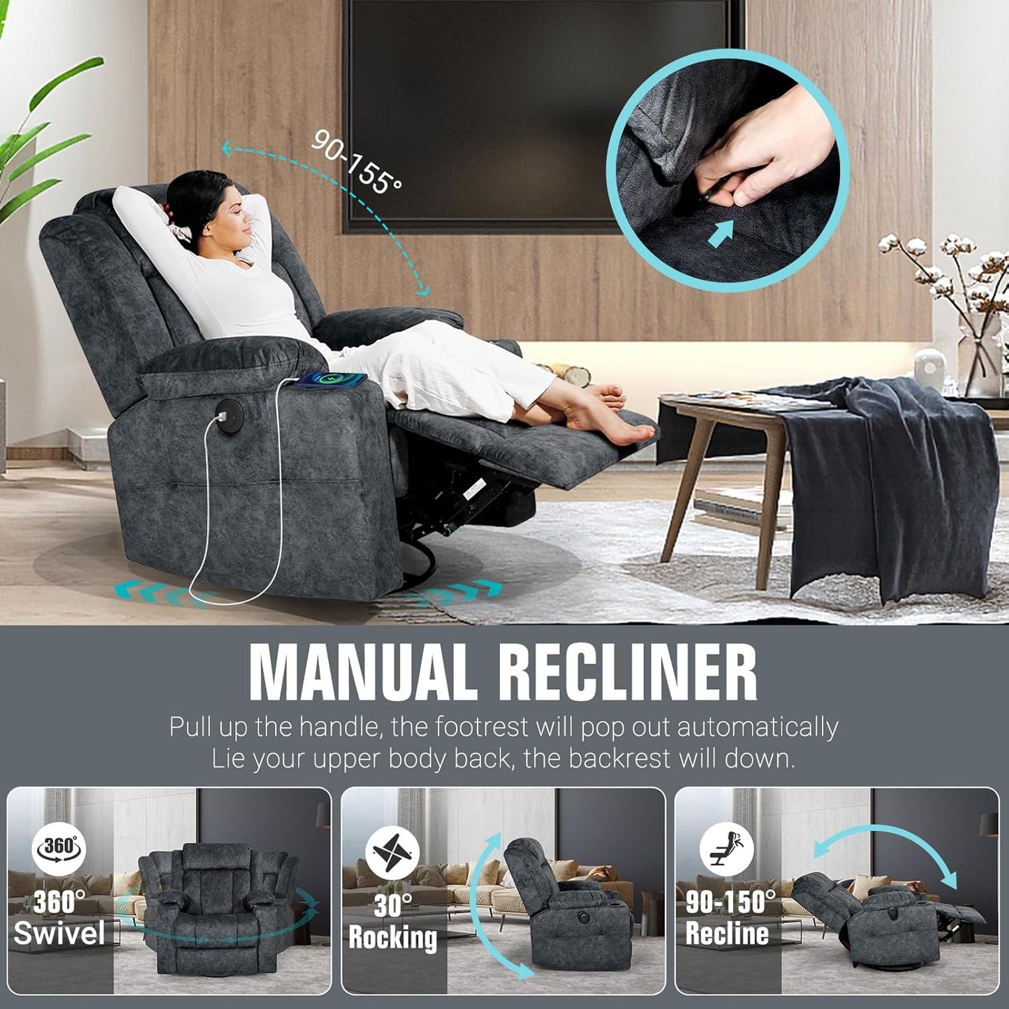 Retro Rocking Recliner Chair, Massage Rocker Recliner Chair with Vibration Massage and Heat, USB and Type-C Ports,360° Swivel Chairs,Living Room, Bedroom, Nursery, RV, Dark Grey
