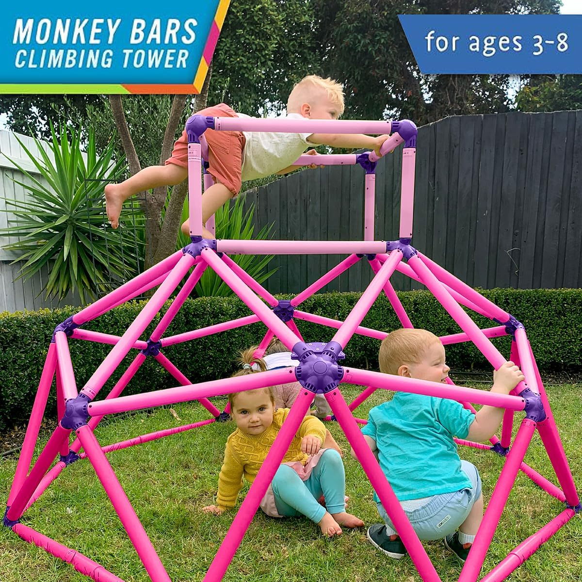Eezy Peezy Monkey Bars Climbing Tower - Active Outdoor Fun for Kids Ages 3 to 8 Years Old, Pink