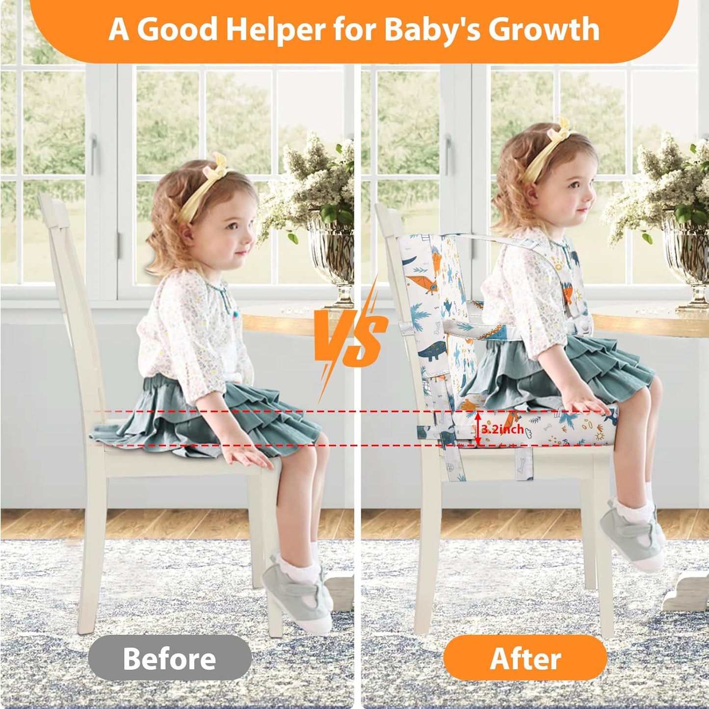 Toddler Booster Seat for Dining Table, Adjustable 5 Point Safety Buckle Kids Toddler Booster Seat with Backrest, Waterproof Non-Slip Bottom Portable Travel Increasing Cushion for Chair (White)