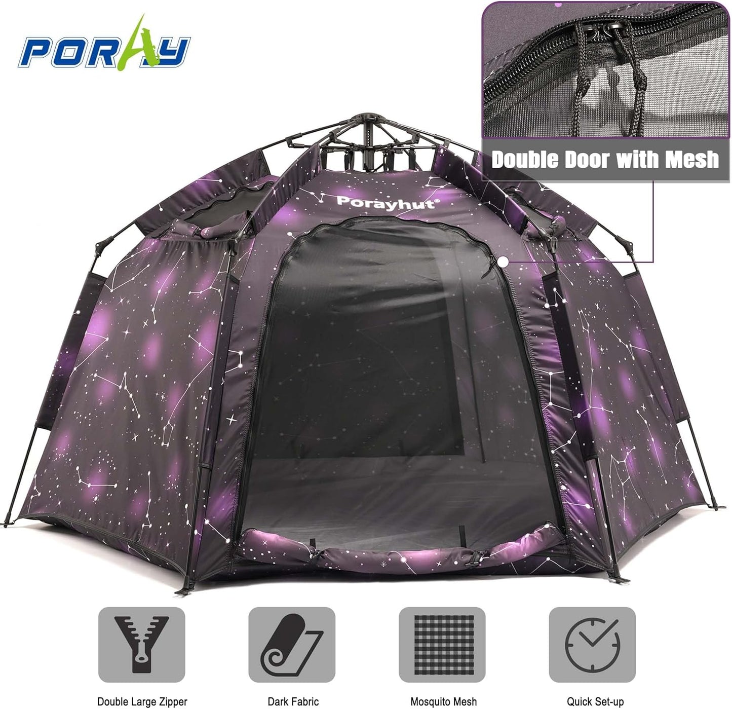 Portable Hexagon Kids Play Tent with LED Strip Lights Indoor Children Play House Easy Set-up Space Dream Tent for Night.4-5 Person Large Tents & Birthday Gifts