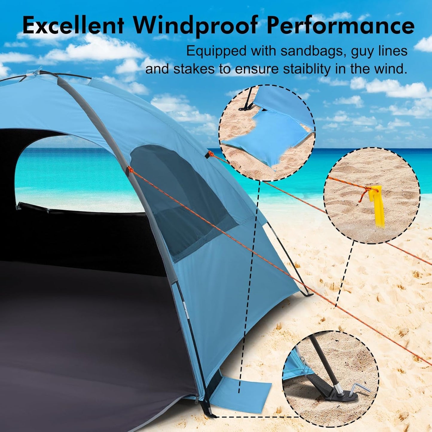 WhiteFang Beach Tent Anti-UV Portable Sun Shade Shelter for 3/4/6/8 Person, Extendable Floor with 3 Ventilating Mesh Windows Plus Carrying Bag, Stakes and Guy Lines