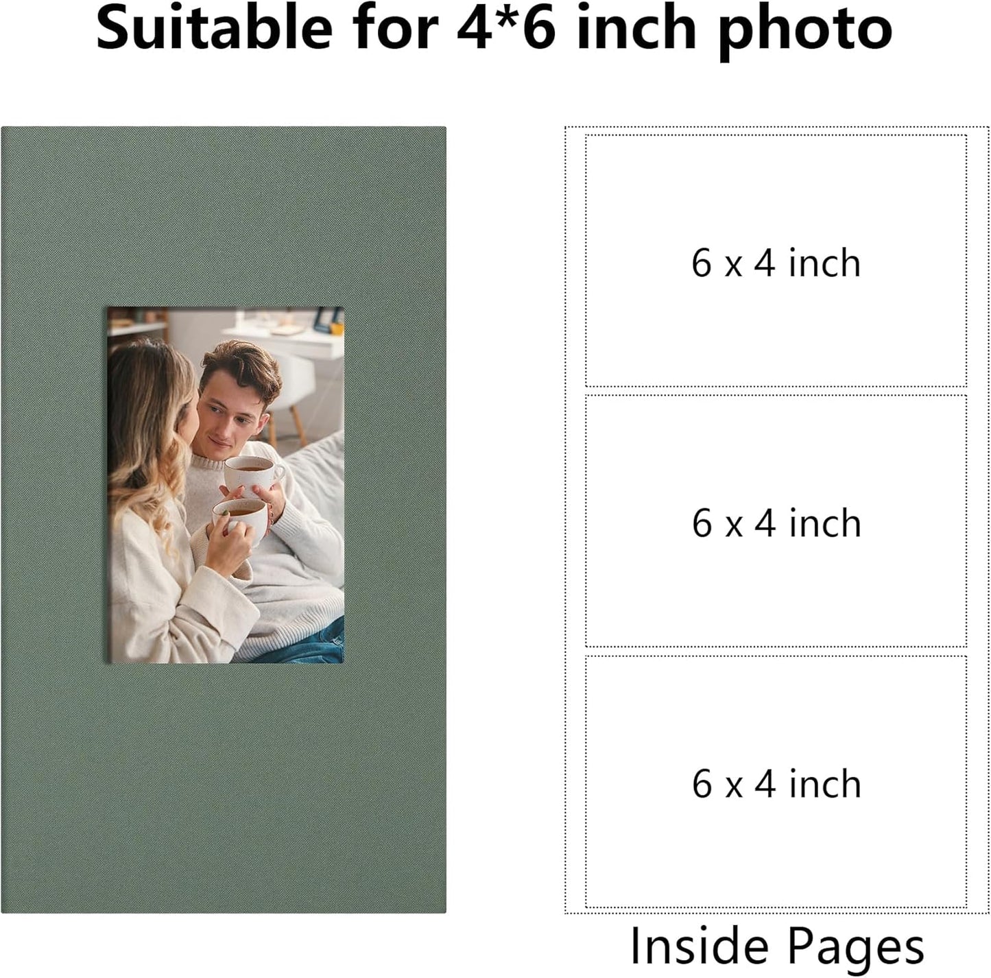 Photo Album 4x6 Pictrues 300 Pockets Linen Cover with Front Window Large Picture Book for Family Travel Wedding and Memory Keepsake Organizer Gray Green
