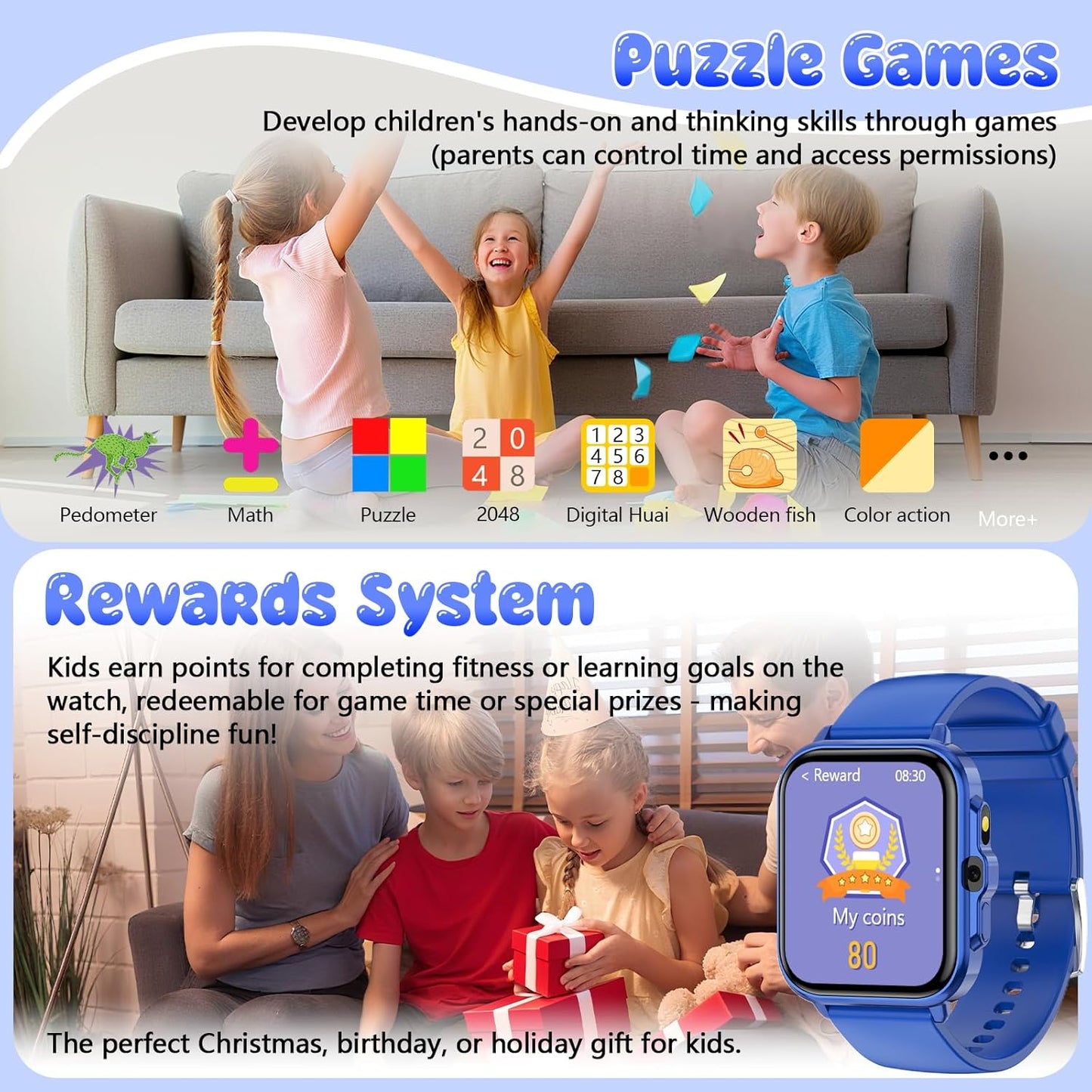 Smart Watch for Kids, 1.85" Fitness Tracker Pedometer Watch, Health, Sleep Monitor, Puzzle Games, Alarm Clock, Camera, Music Player, Torch, Activity, Gift Toys for 4 - 13 Years Old Boys and Girls