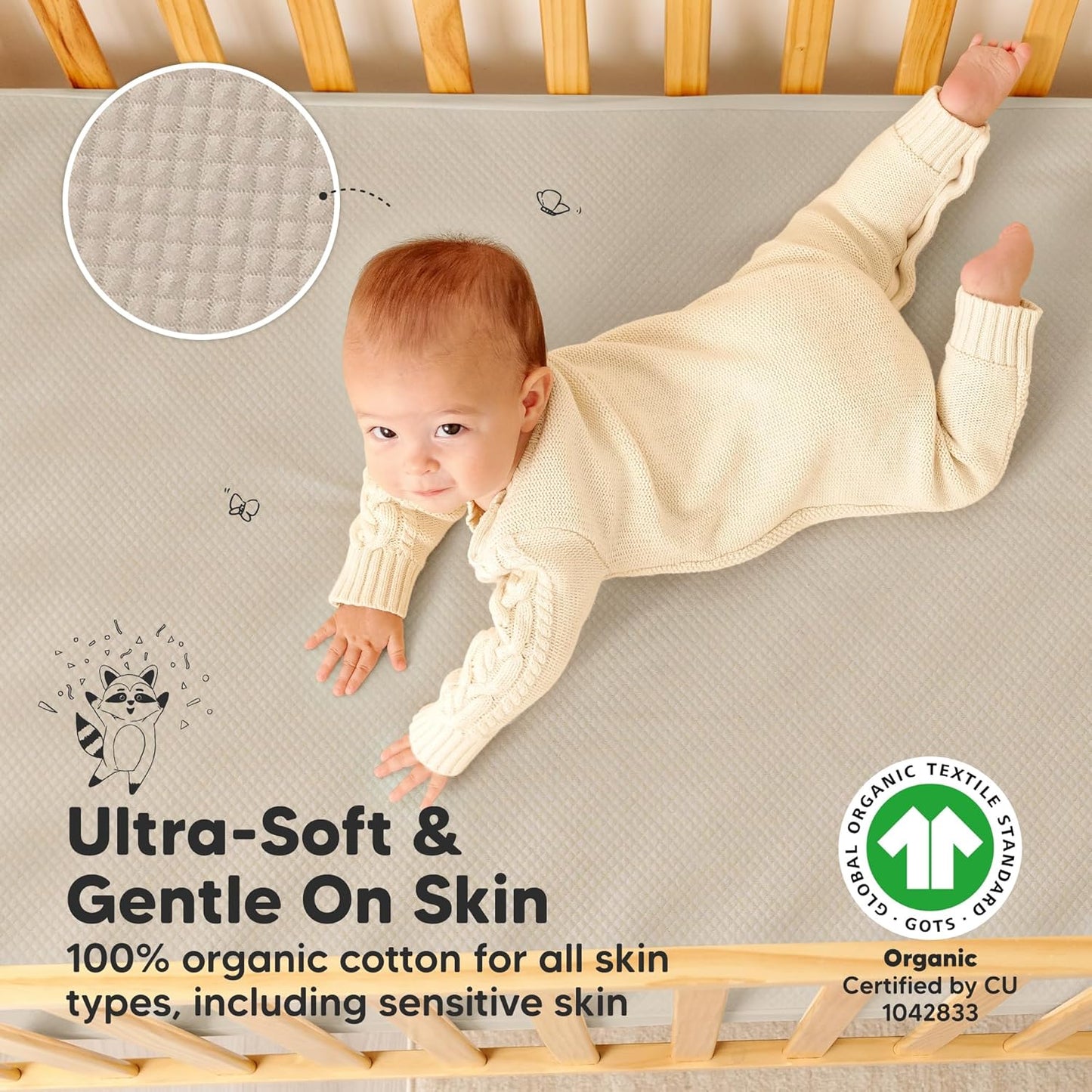Waterproof Crib Mattress Protector Cover Fitted - 2-Pack Quiet Baby Crib Mattress Pad Sheets, 52" x 28" Soft Quilted Cotton Baby Sheet, Machine Washable, Easy Fit, Durable (Ecru/Quin)