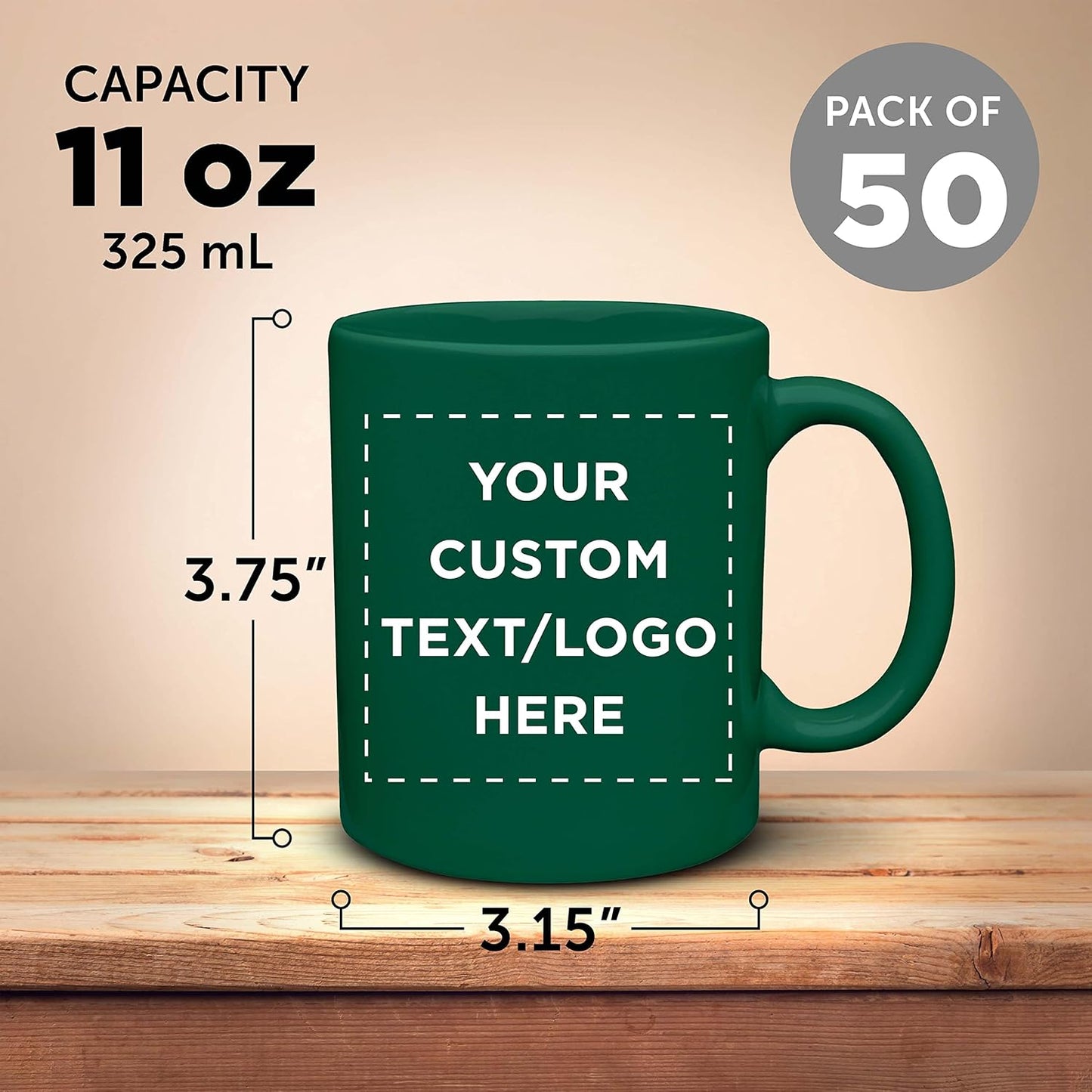 Custom Ceramic Coffee Mugs 11 oz. Set of 50, Personalized Bulk Pack - Coffee cup set, Iced coffee cup, Gaming mug - Green