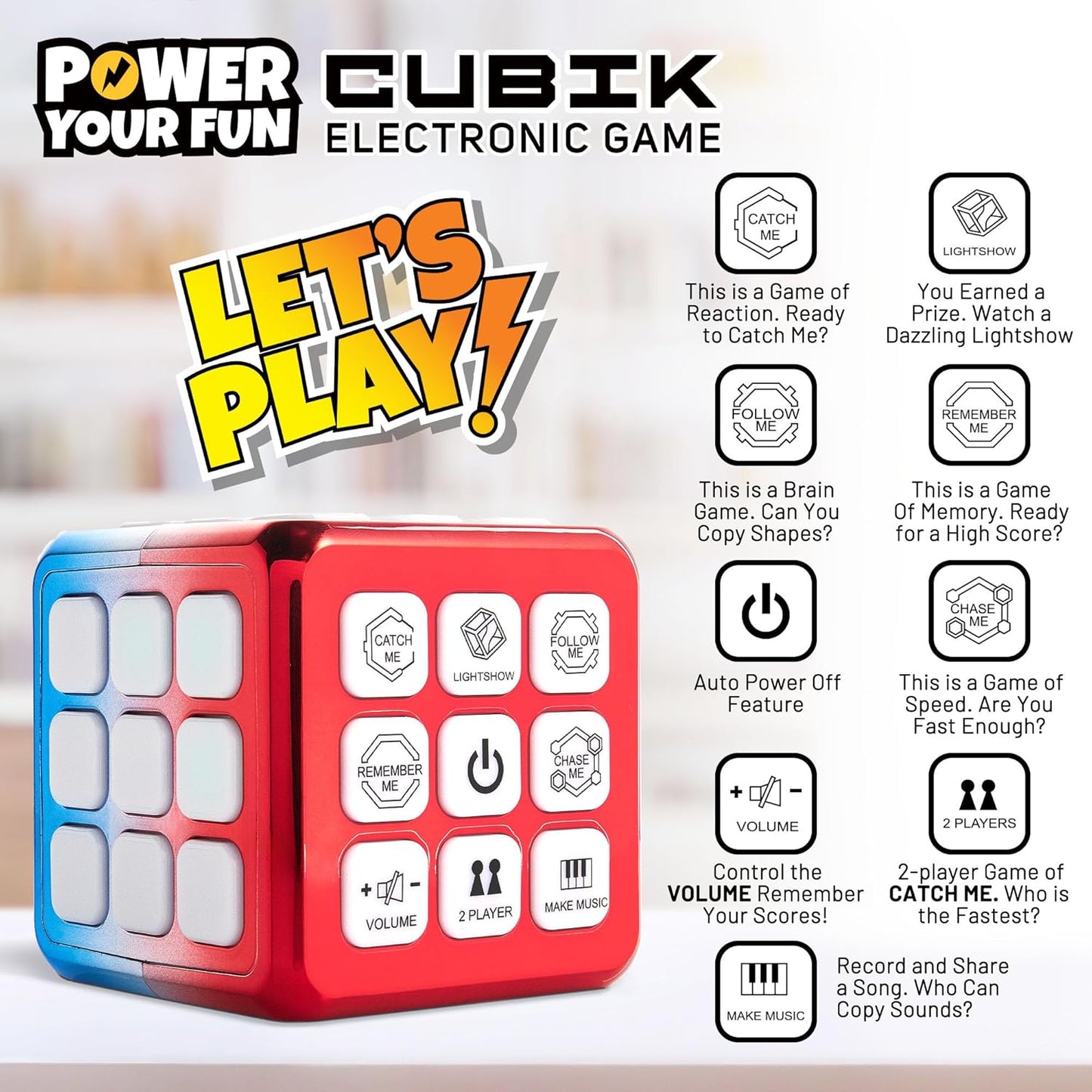 Power Your Fun Cubik LED Flashing Cube Memory Game - Electronic Handheld Game STEM Toy, 5 Brain Memory Games for Kids Brain Play Sensory Toys Puzzle Fidget Toy Light Up Cube (Metallic Red/Blue)