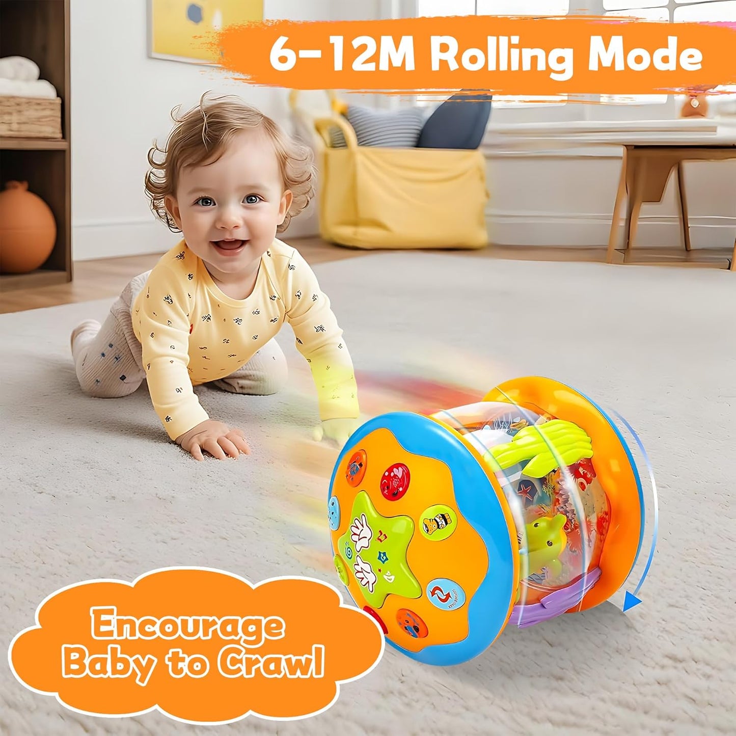 Baby Toys 6 to 12 Months - Musical Rotating Light Up Infant Toys, Early Learning Toys Baby Crawling Drum Toy, Tummy Time Educational Sensory Baby Girl Gifts for Toddlers 1 2 3 Years Old