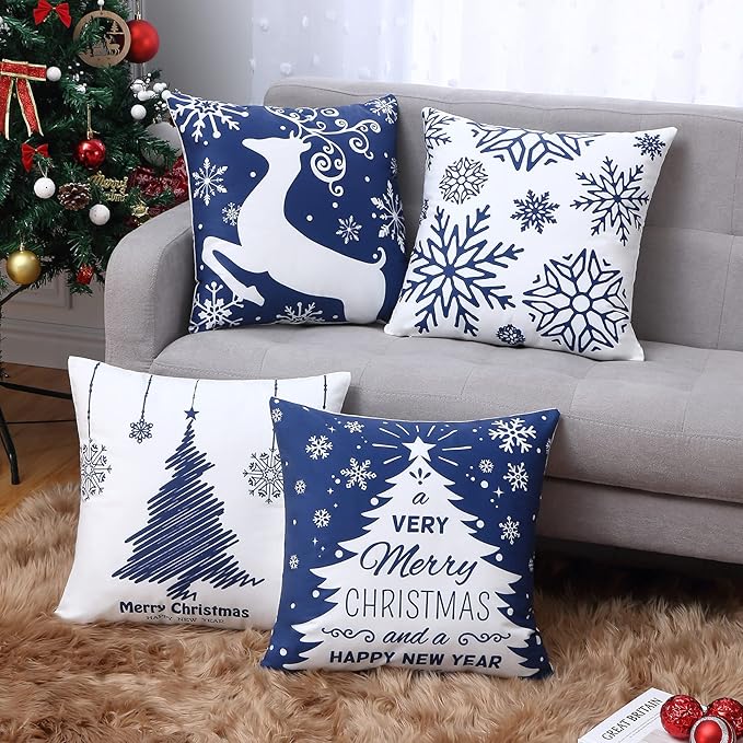NANAN Christmas Pillow Covers 18X18 Inch Set of 4 Navy Blue Christmas Pillow Cases Snowflake Merry Christmas Holiday Pillowcases Xmas Trees Elk Deer Decorative