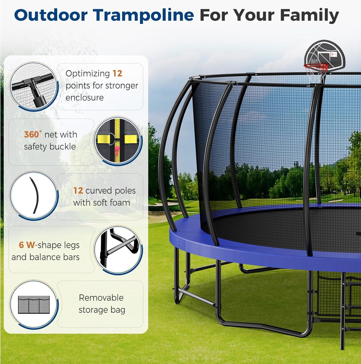 Tatub Large Trampolines Outdoor 10 12 14 15 16FT for Kids and Adults,Outdoor Recreational Pumpkin Trampolines with Curved Poles and Safety Enclosure Net, Basketball Hoop, Ladder