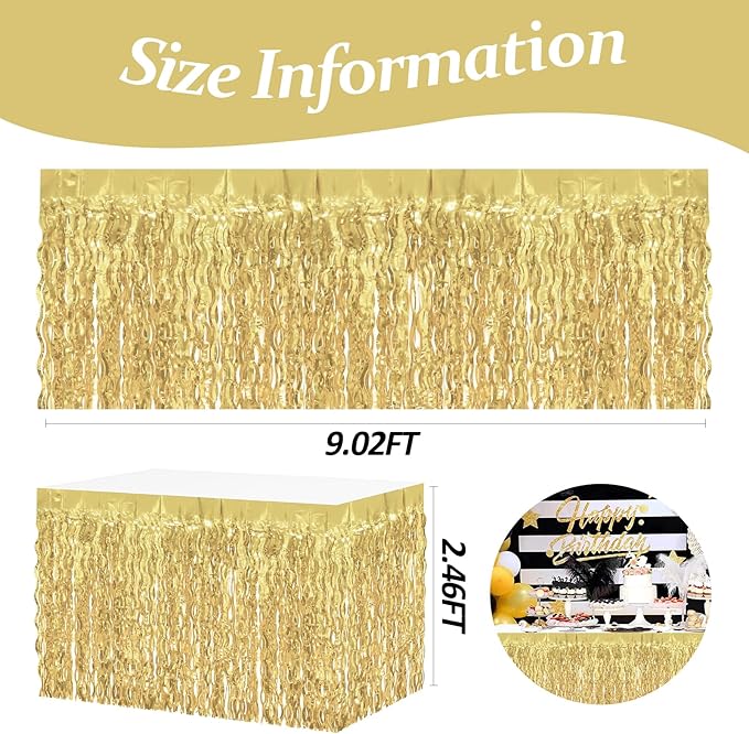 4P Wavy Metallic Tinsel Foil Fringe Table Skirts for Rectangle Tables Backdrop Garland Curtains for Parade Floats Wedding Birthday Parties Decoration Graduation 2025 Christmas (Light Gold)