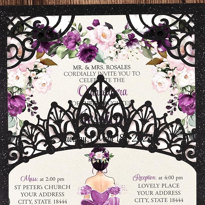 50Pcs Purple Crown Invitations for Quinceanera, 15 year, Sweet 16, Miss XV, Birthday Laser Cut Quince Invitation Cards Personalized Pearlized Black