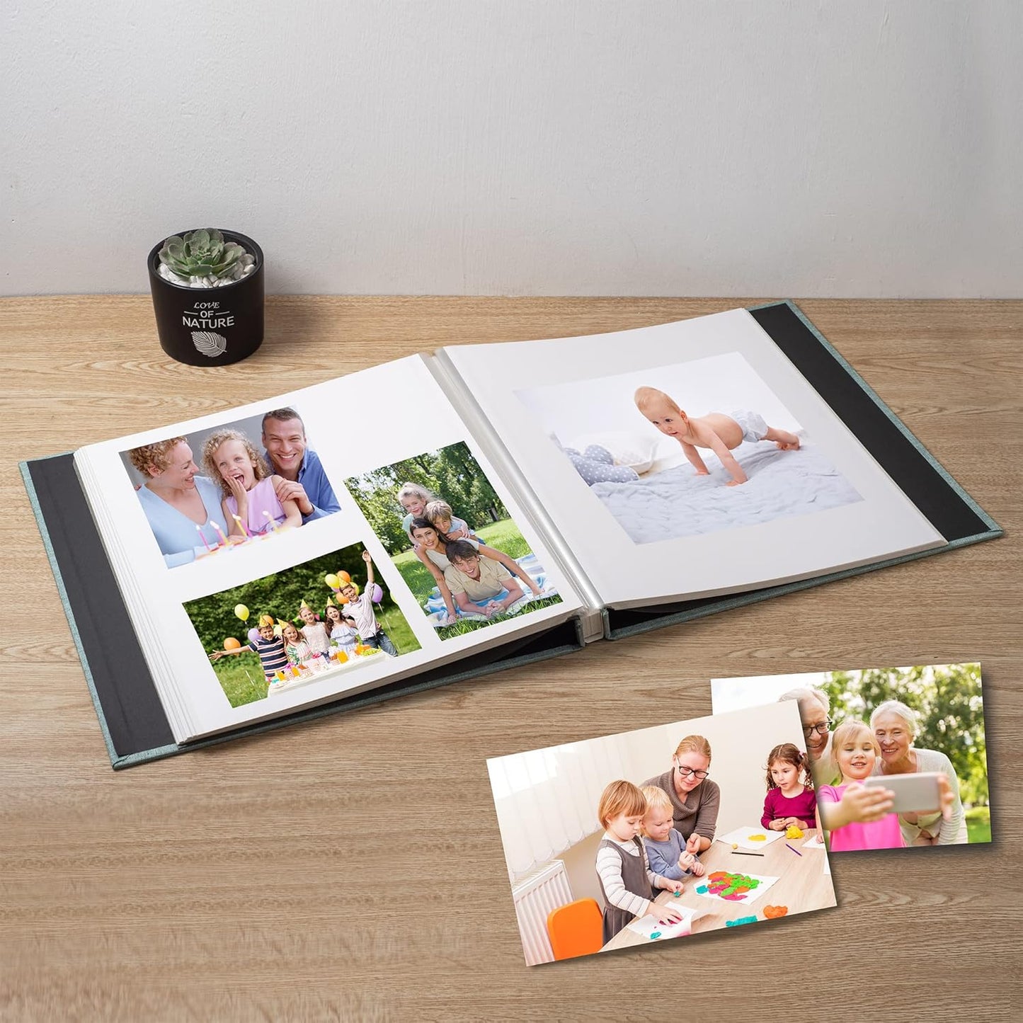 Large Photo Album Self Adhesive Scrapbook Album for 4×6 8×10 Pictures DIY Magnetic Linen Cover Album 60 Pages for Family Wedding Gifts with Metal Pen and Plastic Board