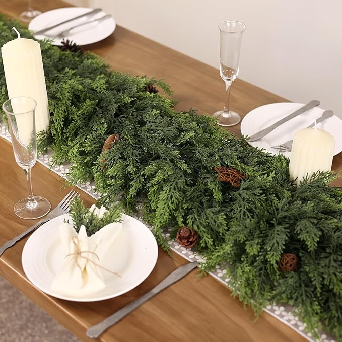 5FT Real Touch Cedar Garland - Artificial Christmas Garland Fake Green Faux Thick and Lush Pine Needles Garlands for Table Fireplace Mantle Holiday Home Indoor Outdoor Decor (2PCS)