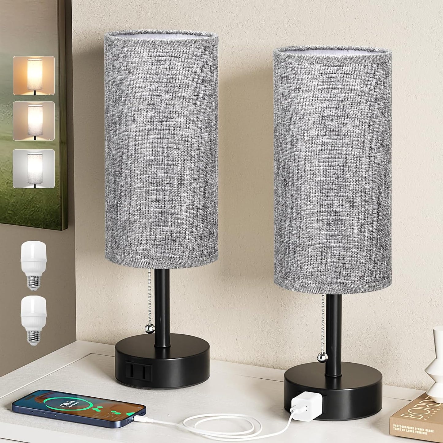 Grey Bedside Table Lamps Set of 2-3 Color Temperatures Pull Chain Lamp with AC Outlet Charging Port, Round Night Stand Lamps for Bedroom Office, Small Bed Side Light with E26 LED Bulbs