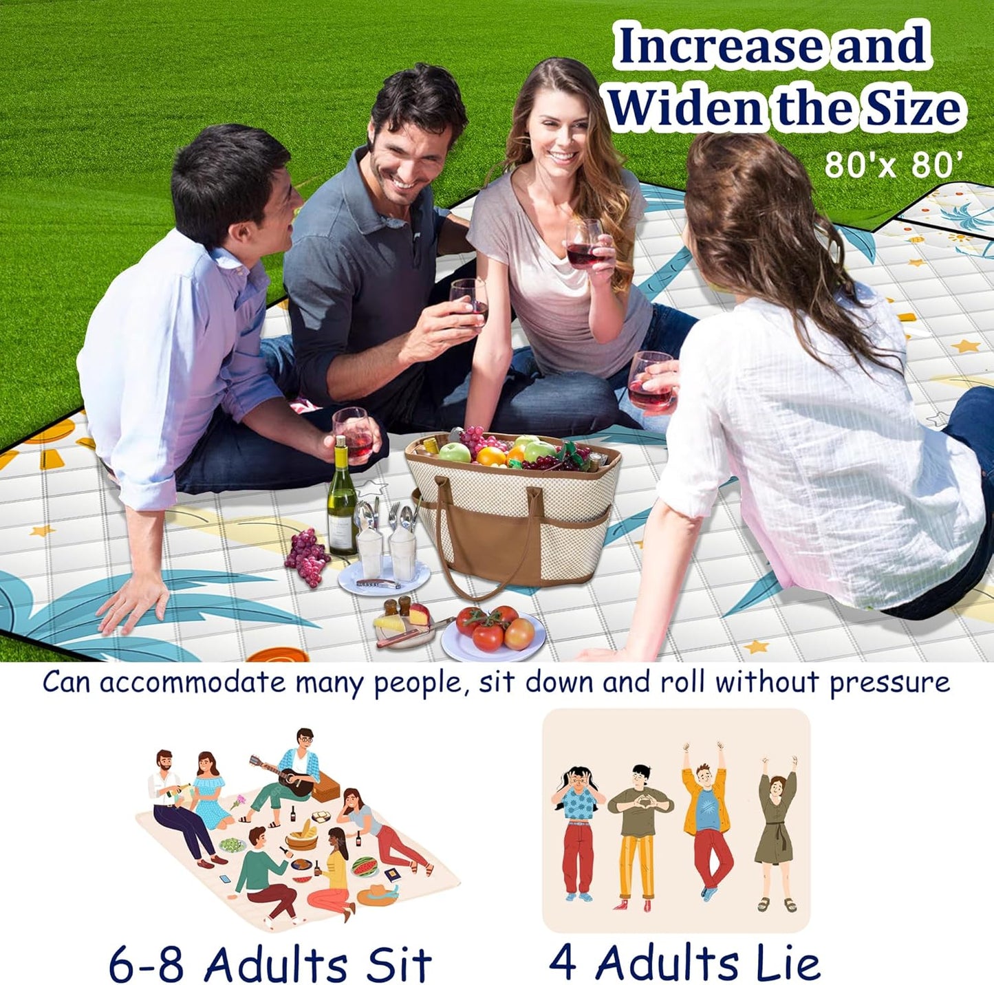 Extra Large Picnic Blanket Waterproof,80"x 80"Foldable Machine Washable Beach Blanket,Outdoor Blanket for 6-8 Adults,Suitable for Indoor Crawling,Park Beach,Camping,Hiking,Family Travel(Island)