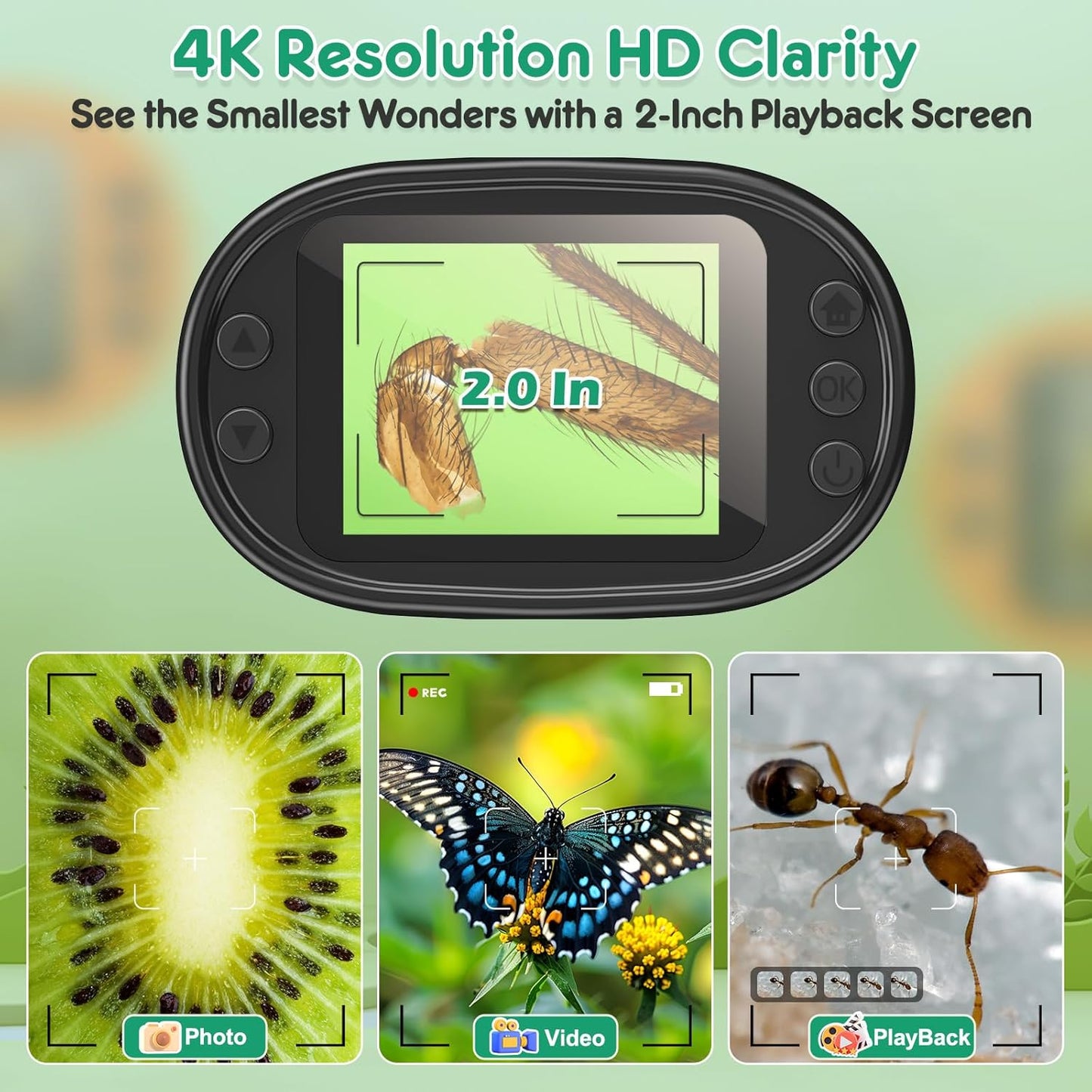 1000X Handheld Microscope for Kids 4K 2.0" Screen Rechargeable Mini Pocket Digital Microscopes w/Slides Kit Portable Edu Gift Age 4-6 8-12 Children Students (Green)