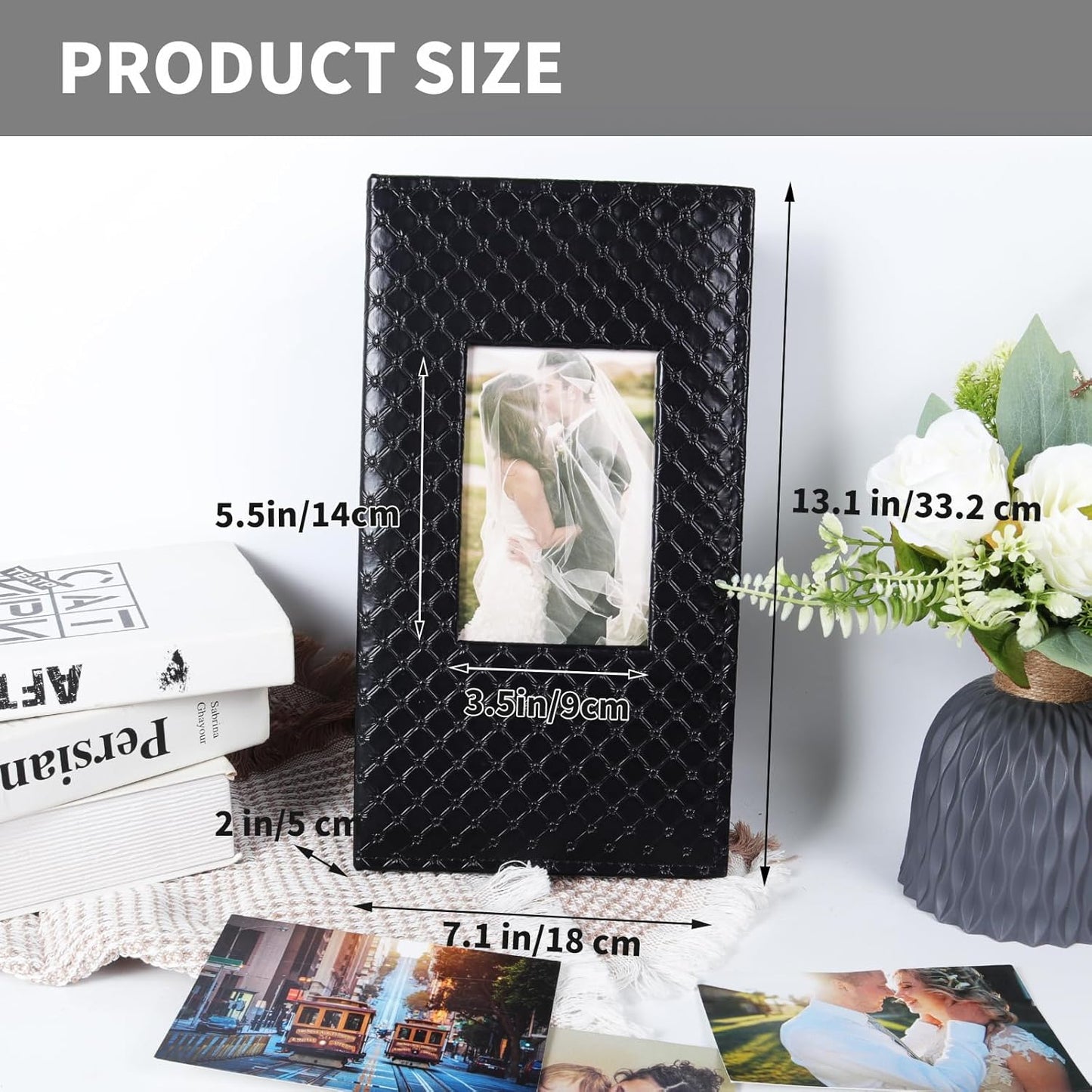 RECUTMS Photo Albums for 4x6 Photos Holds 300, 3 Per Pages Photo Picture Album PU Leather Button Grain Cover, Horizontal Photos Record Family Wedding Anniversary Baby Holiday Travel Album Black