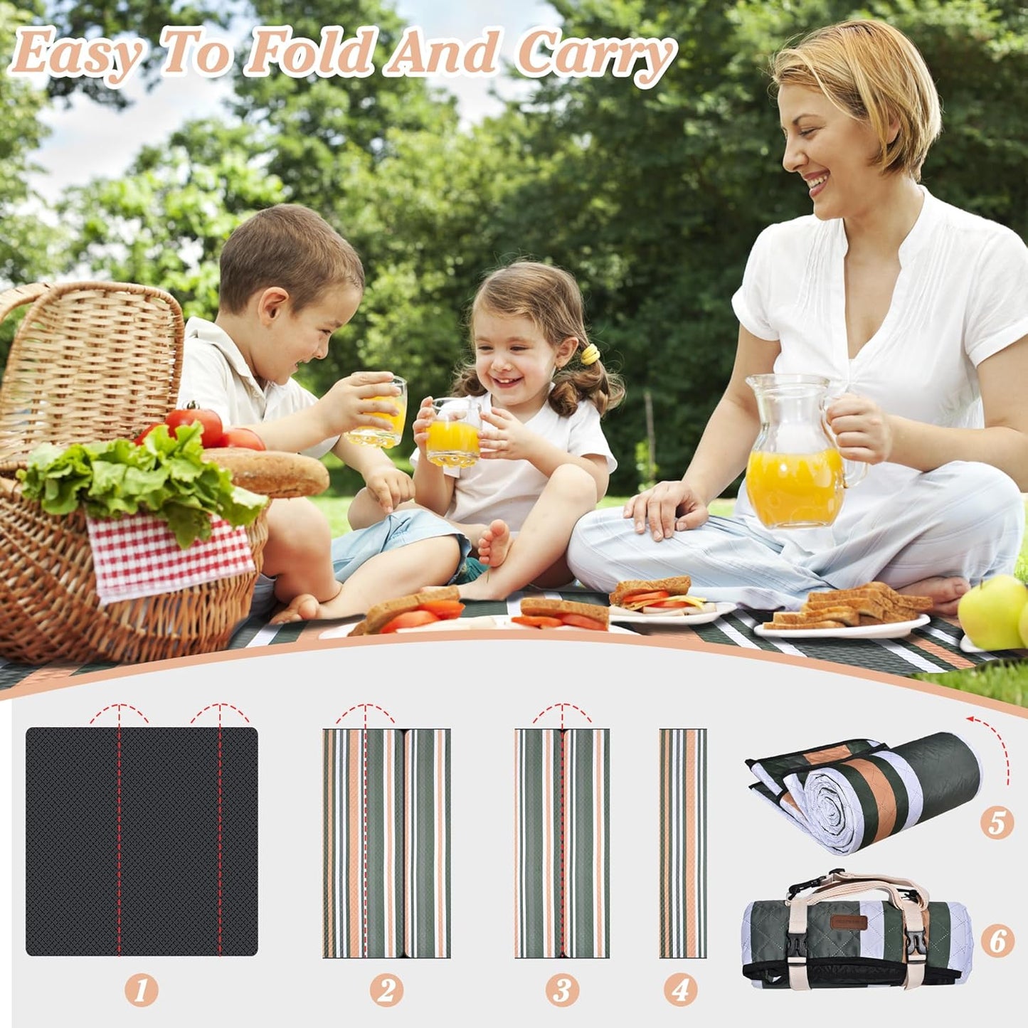 Waterproof Picnic Blanket 80" x 60" in Portable with Carry Strap for Beach Mat or Family Outdoor Camping Party, Park Blanket for Grass Park Hiking Travel, Concerts (Dark Green&White&Orange, 80" x 60")