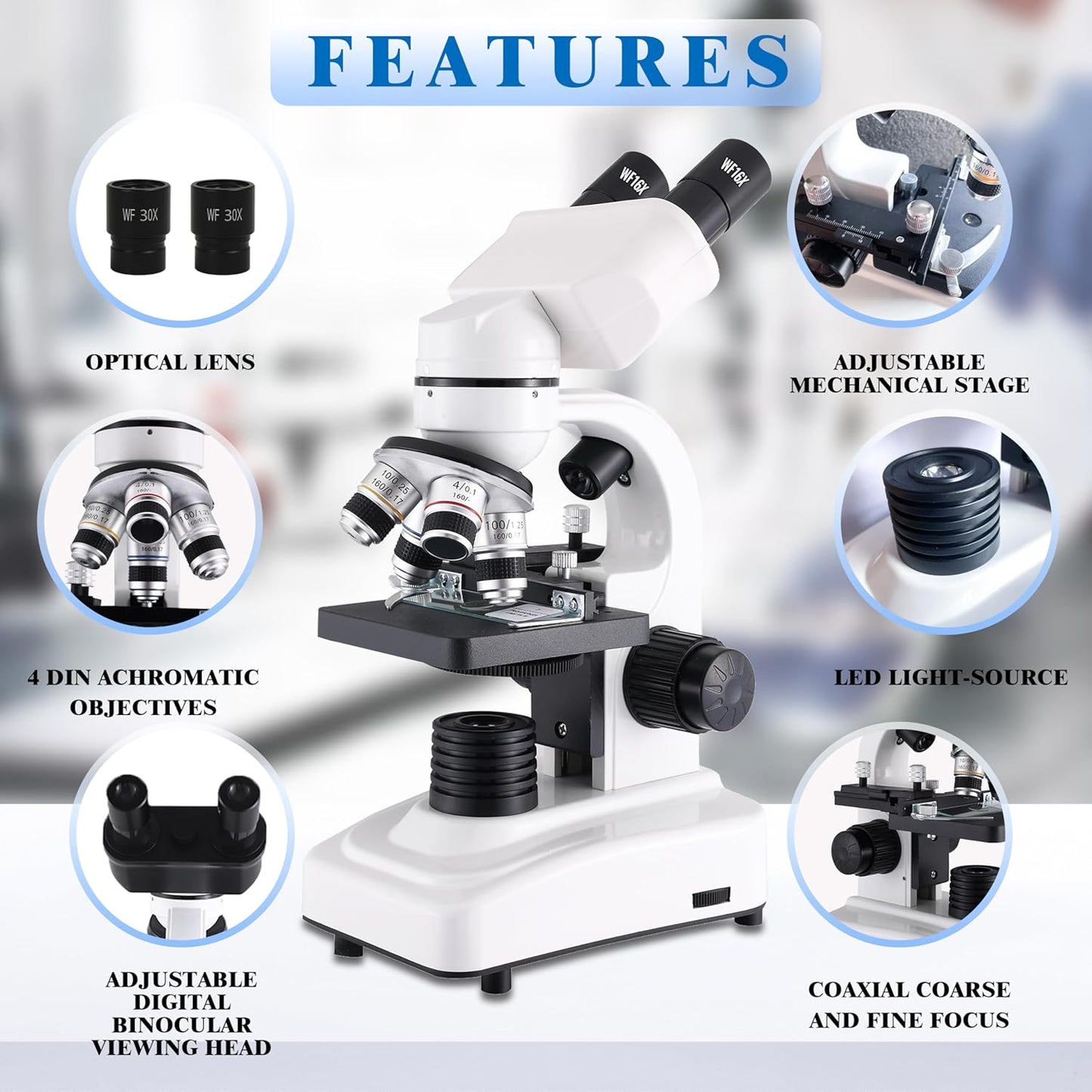 Compound Binocular Microscopes 64X-6000X with Electric Len, Microscope for Adults Kids Students, 4 Objective Lens, Biological Microscope Kit for School, Lab