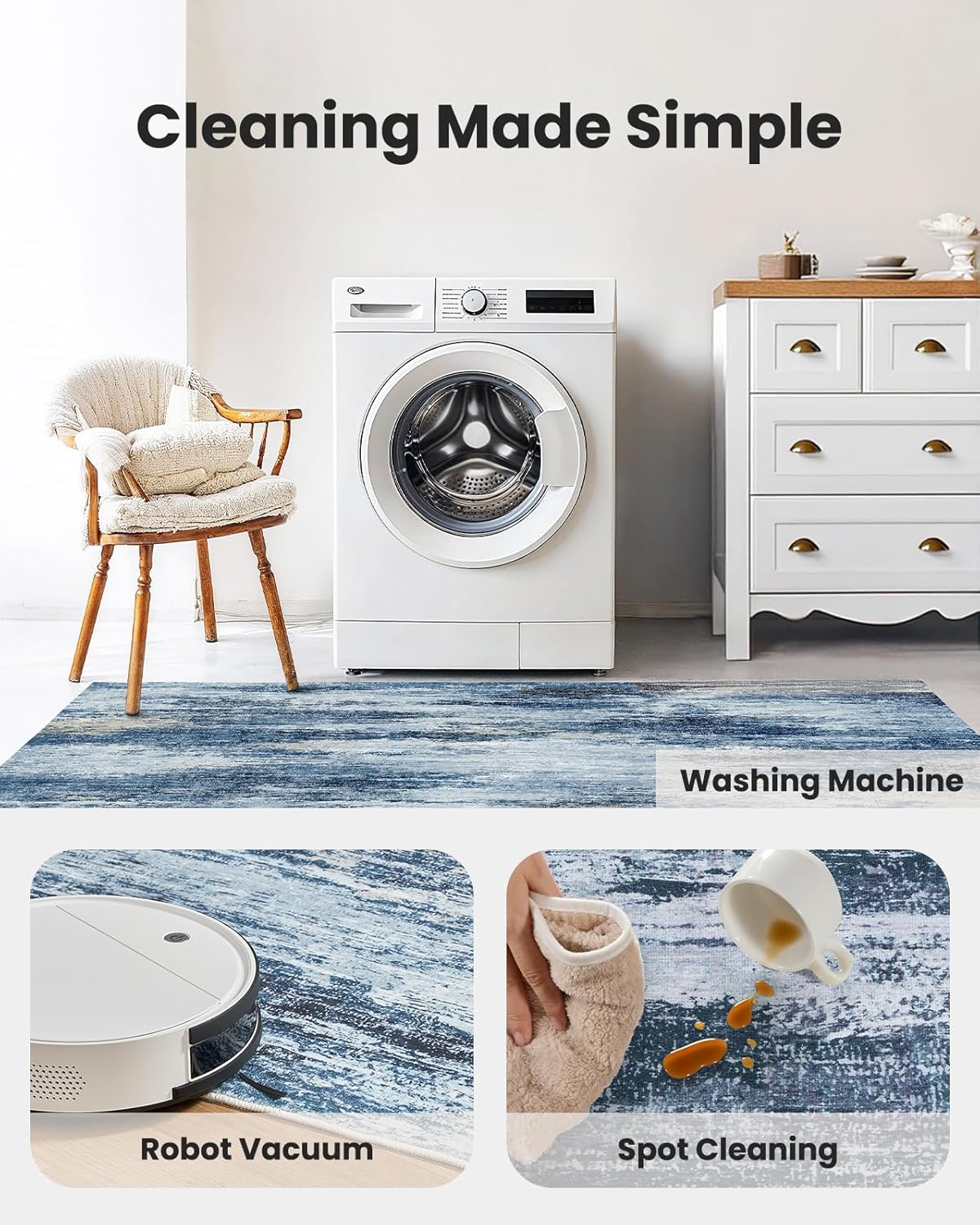 Amada 6x9 Washable Area Rug, Modern Abstract Living Room Rug with Non-Slip Backing & Short Pile, Large Rug with Abstract Pattern for Living Room, Bedroom and Dinning Room, Blue