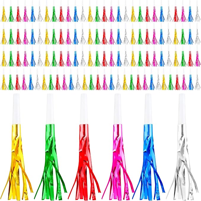 120 Pcs Glitter Bomb Noise Maker Gold Metallic Fringed Squawker Blowouts Silver Musical Blower Whistle for Birthday New Years Party Supplies Sporting Events Graduation (Multicolor Set 1)