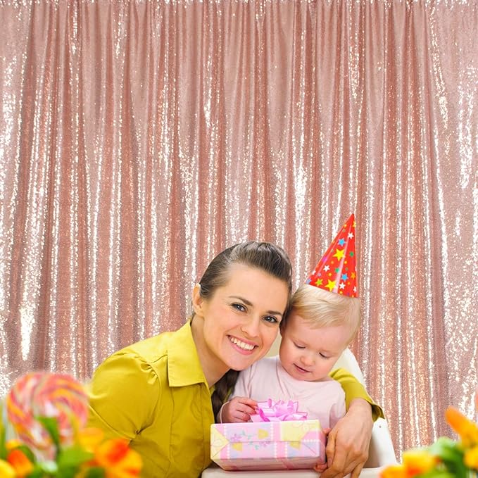 Juya Delight 6FT X 8FT Non-Transparent Sequin Photography Background Backdrop Curtain for Birthday Party Wedding Festival Ceremony (Rose Gold)