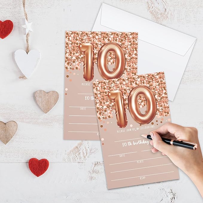 10th Birthday Invitation Cards, Rose Gold Glitter 10th Birthday Party Invites, Kids Happy Birthday Party Decorations Supplies, 20 Fill-in Cards with Envelopes for Boys or Girls Party Celebration-C02