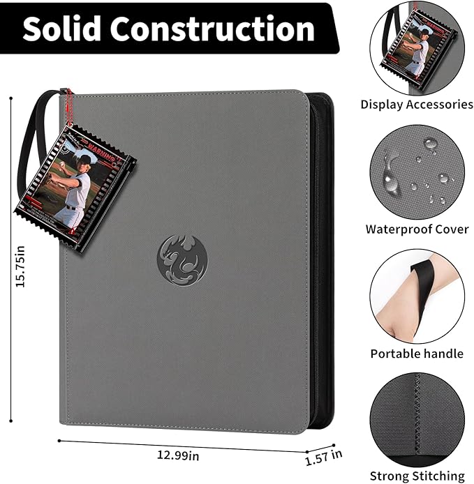 9-Pocket Toploader Binder, Baseball Football Sports Game Cards for 3"x4" Rigid Toploaders Trading Card Collection Album Holds 288 Cards Waterproof Storage Book Easy to Insert（Grey)