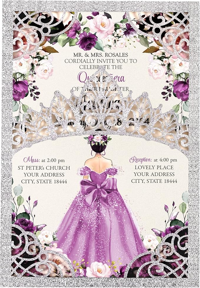 50Pcs Purple Crown Invitations for Quinceanera, 15 year, Sweet 16, Miss XV, Birthday Laser Cut Quince Invitation Cards Personalized Glitter Silver