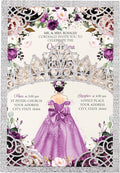 50Pcs Purple Crown Invitations for Quinceanera, 15 year, Sweet 16, Miss XV, Birthday Laser Cut Quince Invitation Cards Personalized Glitter Silver