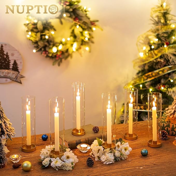NUPTIO Gold Taper Candle Holders: 2 Pcs Hurricane Metal Candlestick Holder Stand with 11.81 inch Tall Clear Glass Open Ended Cylinder Covers for Tapered Candles Wedding Party Centerpieces for Tables