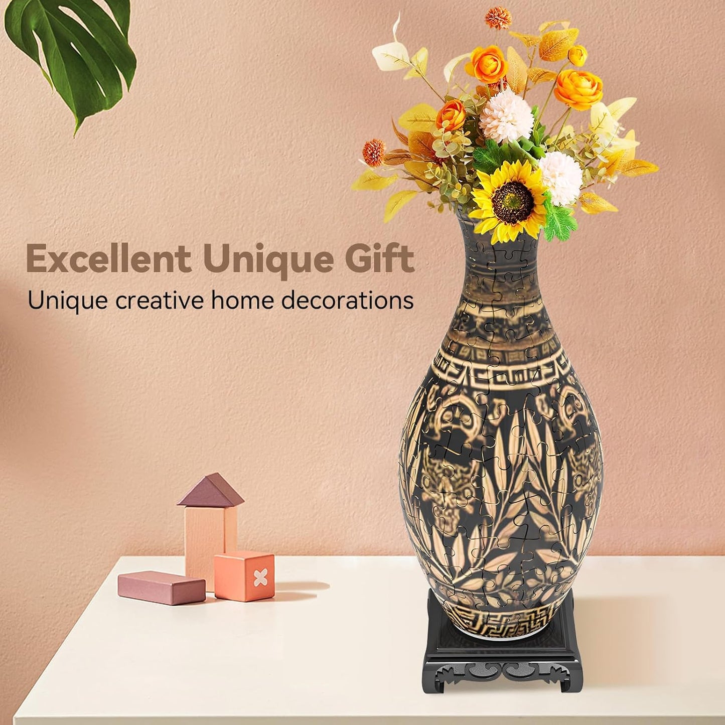 3D Puzzles Vase for Adults, 160 Pieces Plastic DIY Unique Flower Vase with LED Light, Crafts for Adults, Birthday Gifts House Warming Gift for Flower Arrangements and Home Decor (Brown)