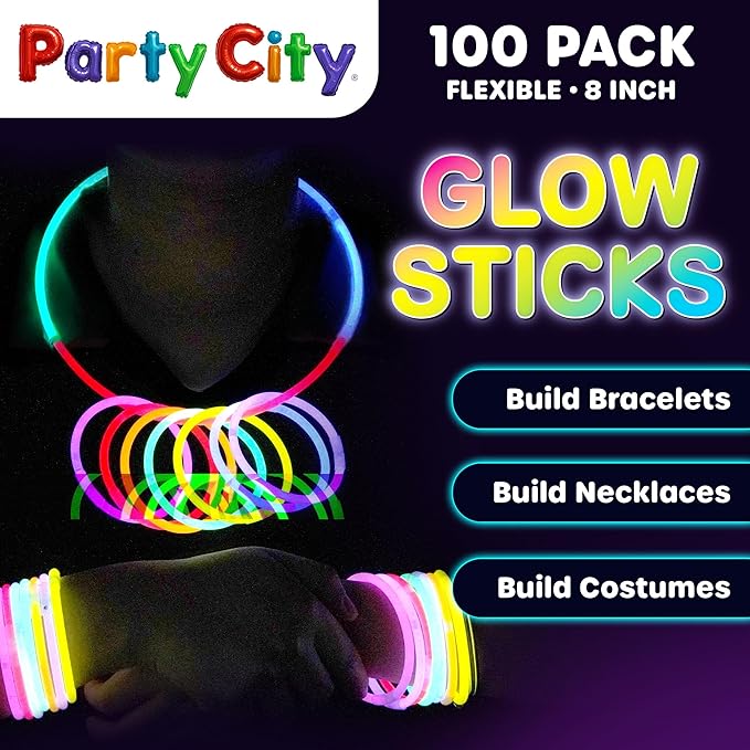 Party City 100 Glow Sticks Bulk Party Pack 8”– Neon Glow in the Dark Party Supplies, Glowsticks with Connectors Bracelets & Necklaces, Light Up Favors for Kids, Adults, Birthdays, Parties, Decorations