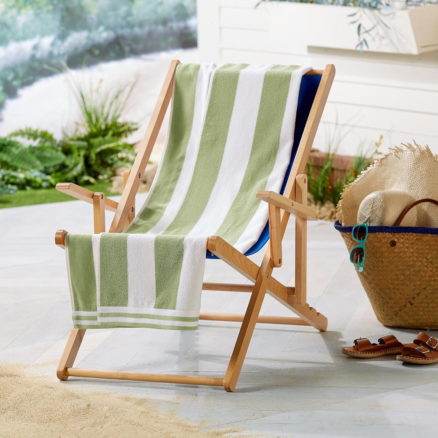 Great Bay Home 100% Cotton Velour 4 Pack Beach Towels 30" x 60" - Green/White Cabana Stripe Pool Towels - Quick Dry, Large Swim Towels