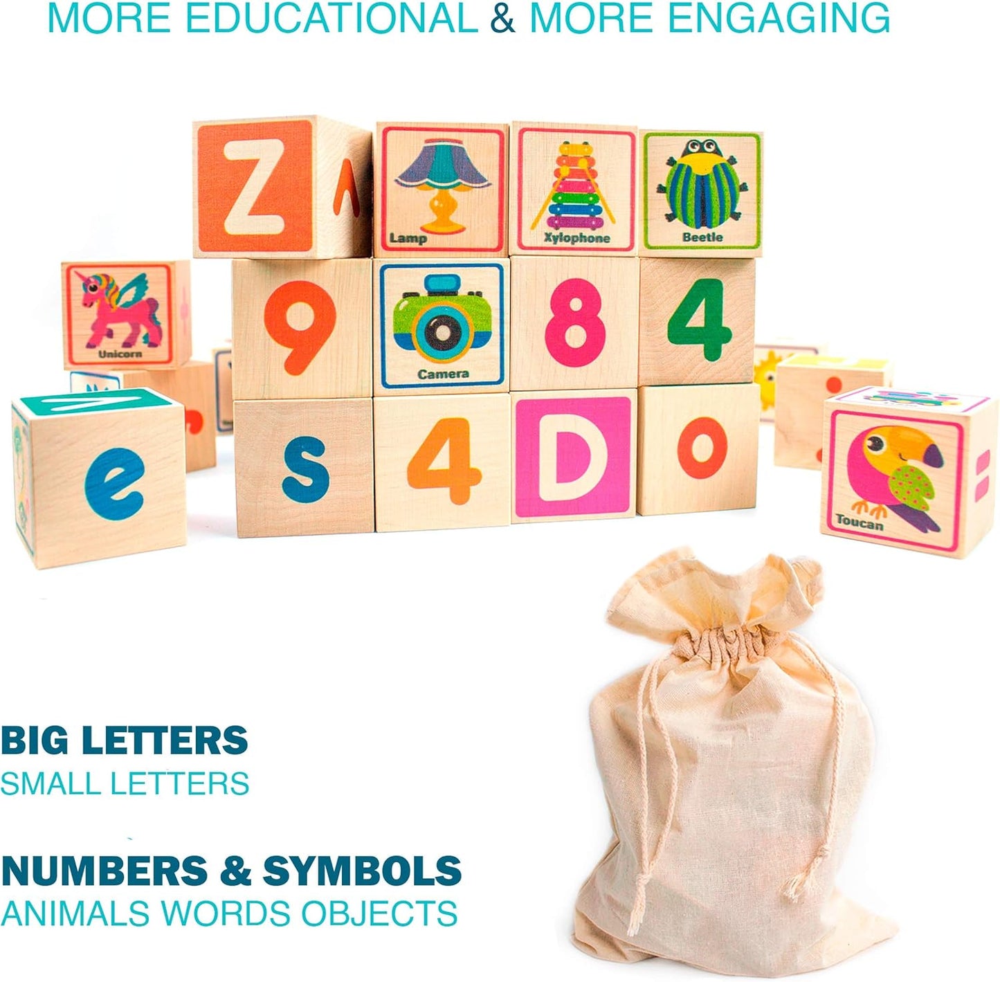 QUOKKA Wooden Blocks for Toddlers 1-3 - 26 ABC Learning Baby Blocks for Kids 3-5 Year Olds Stacking Alphabet Wood Toys for 2-4 yo - Educational with Letters Numbers