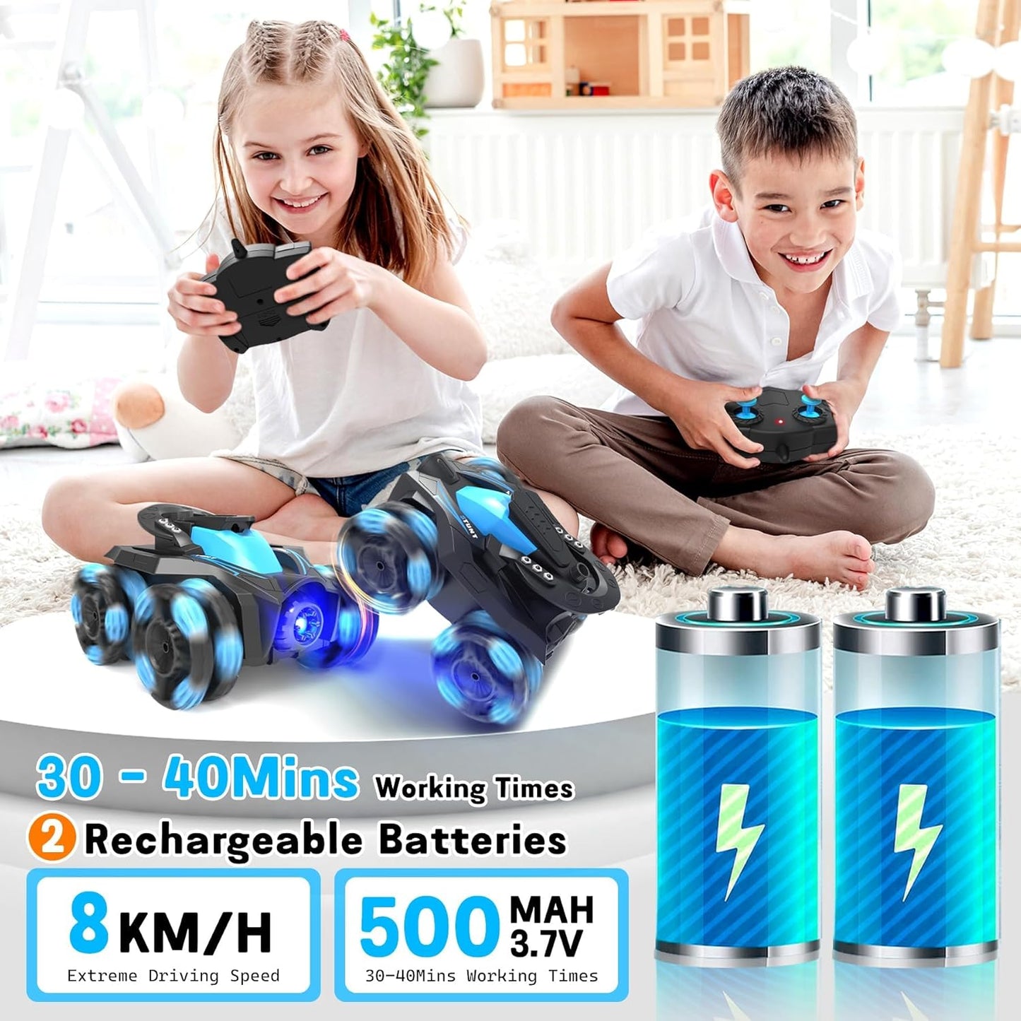 Eulogia RC Stunt Car for Boys 5-12, High Speed 360° Rotating, Drift 4WD Remote Control Car with Headlights, 2.4GHz Electric Rechargeable Race Stunt Toy Car for Boys Girls Birthday (Blue)