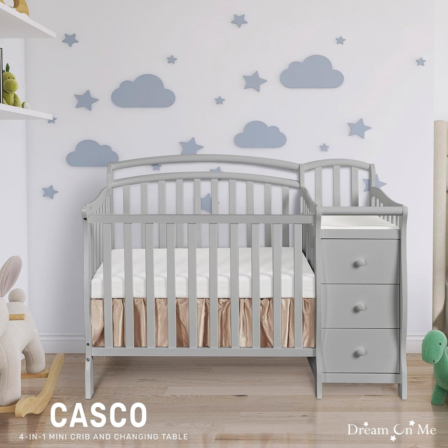 Dream On Me Casco 3-in-1 Mini Convertible Baby Crib & Changer with Storage, Pebble Grey, Pinewood, GreenGuard Gold & JPMA, 1” Mattress Pad, 3 Mattress Heights, Converts to Mini Day & Twin-Size Bed