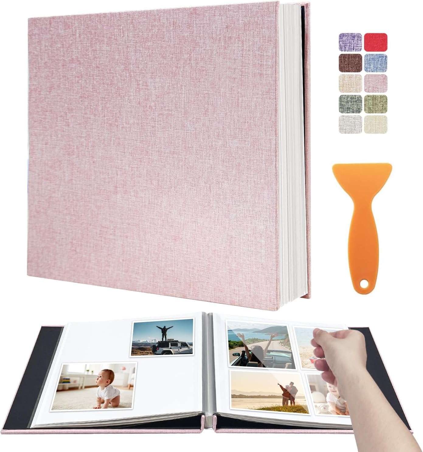 Large Photo Album Self Adhesive Scrapbook Album for 4×6 8×10 Pictures DIY Magnetic Linen Cover Album 60 Pages for Family Wedding Gifts with Metal Pen and Plastic Board