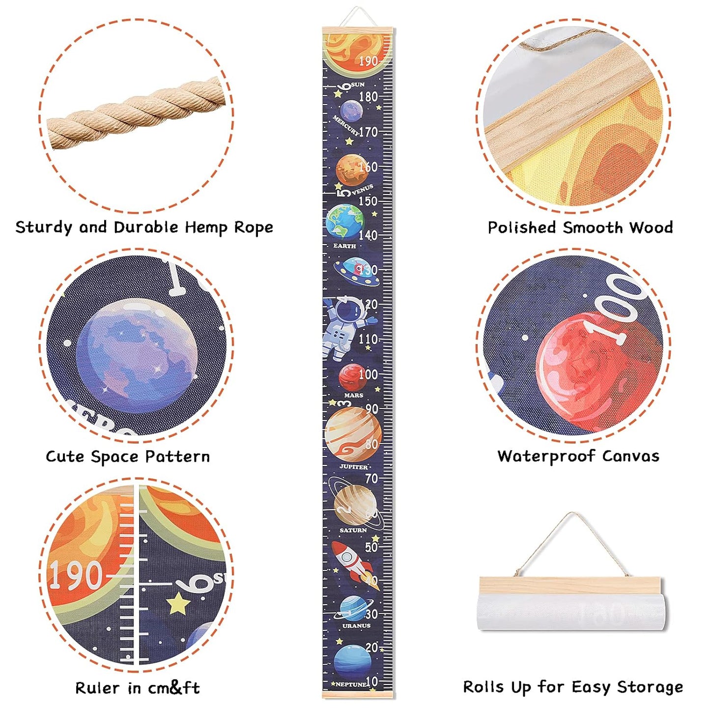 Kids Growth Chart Height Measuring Chart, Outer Space Canvas Wall Hanging Rulers for Baby Children Kids Boys Bedroom Decor 74.8'' 7.87''