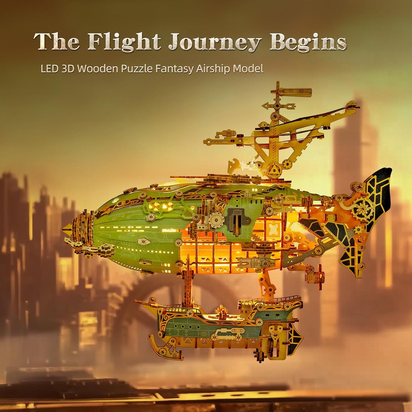 LED 3D Wood Puzzle Fantasy Airship Model - Steampunk DIY Craft Kit with LED Lights – Intricate Wooden Airship Model Building Set for Teens and Adults(Green)