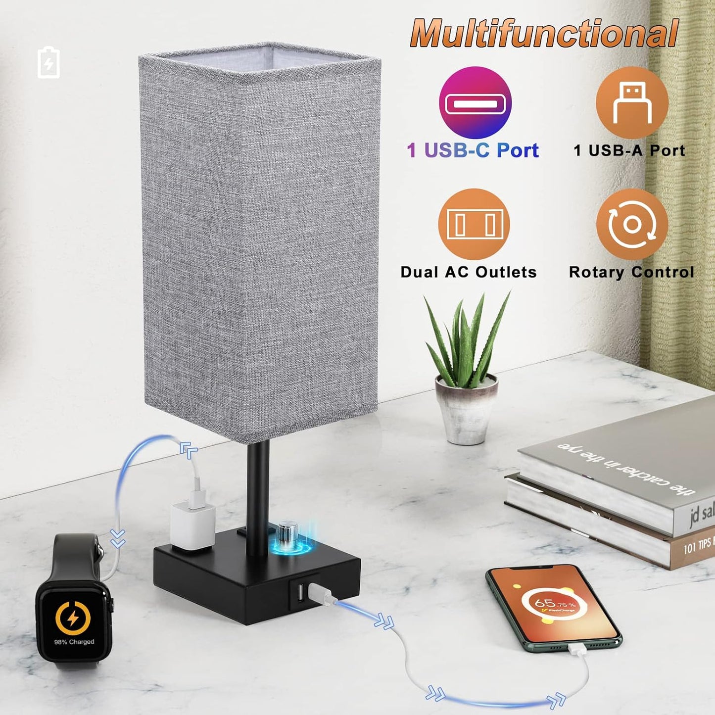 Gray Fully Dimmable Nightstand Lamps Set of 2 - Table Bedside Lamp with USB C+A Charging Ports & 2 AC Outlets, Square Lamp Sets Linen Fabric Shade for Bedroom Living Room(Bulb Included)