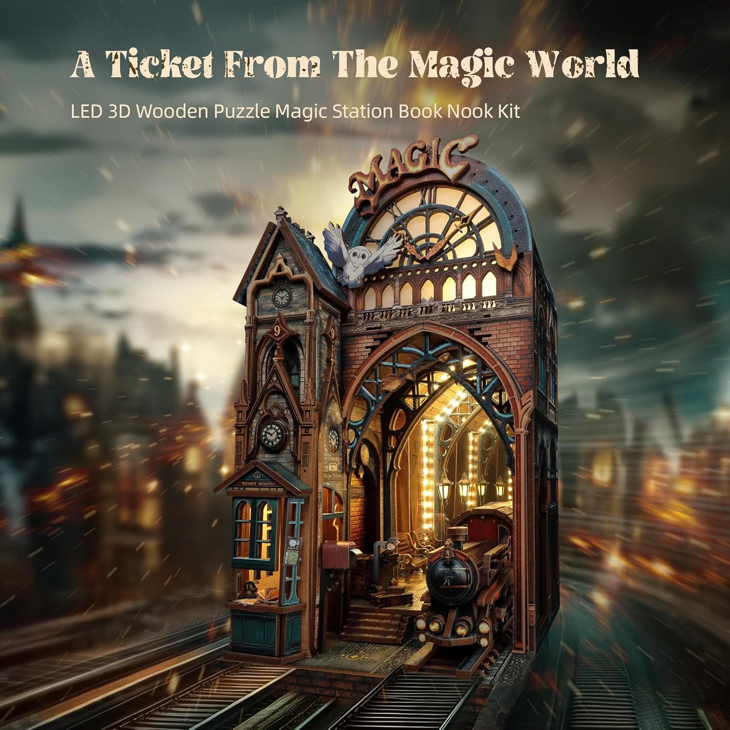 LED 3D Puzzle Magic Station Book Nook Kit - Interactive 3D Wood Puzzle LED Magical Miniature with Infinite Extension Space - DIY Bookshelf Insert Decor Gifts