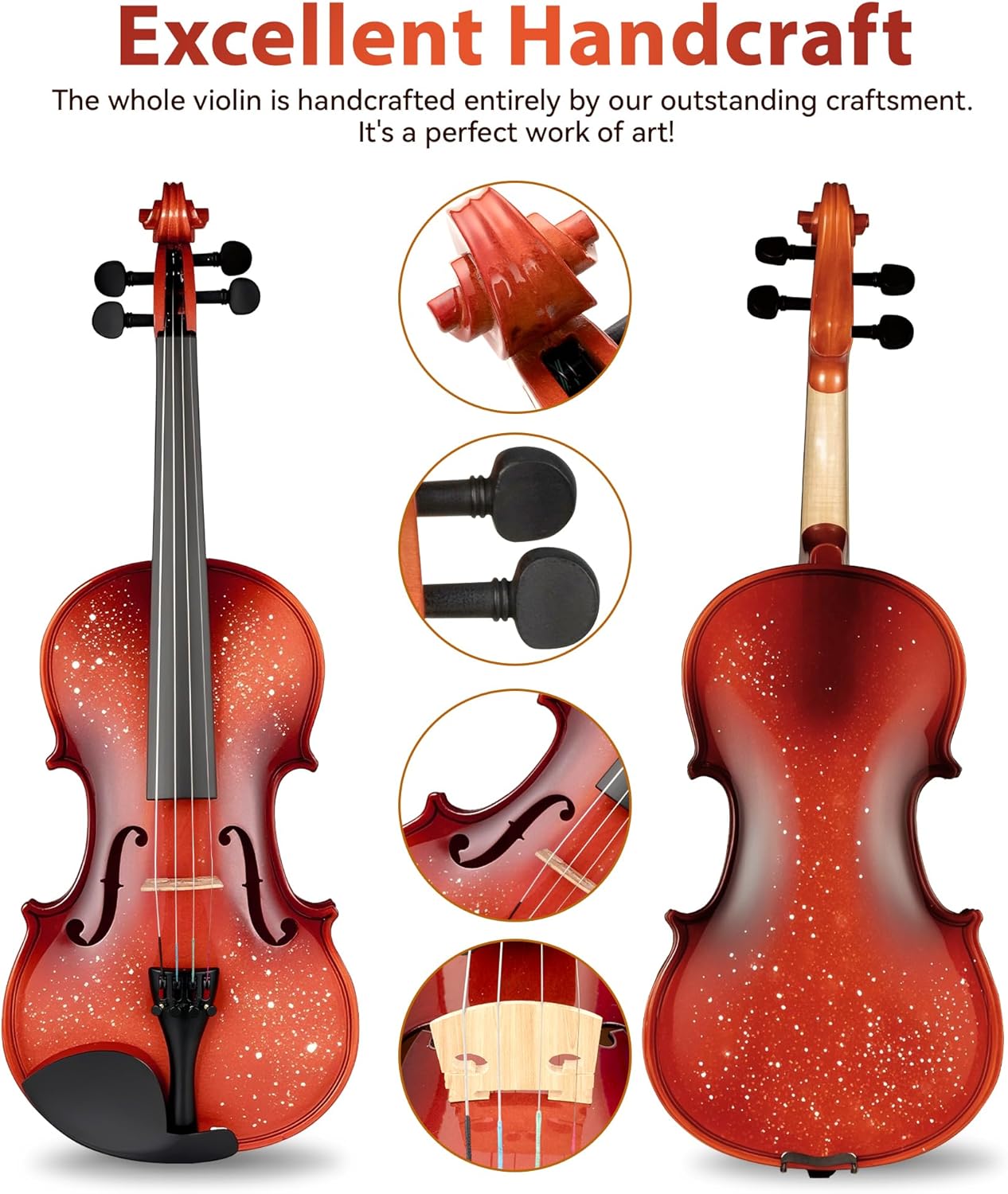Poseidon Violin for Beginner, Full Size Violin Set for Student Spruce Acoustic Violin Fiddle with Case, Bow, Rosin, Horse Bridge, Extra 4/4 Strings Full Set, Shoulder Rest, Tuner - Christmas Red