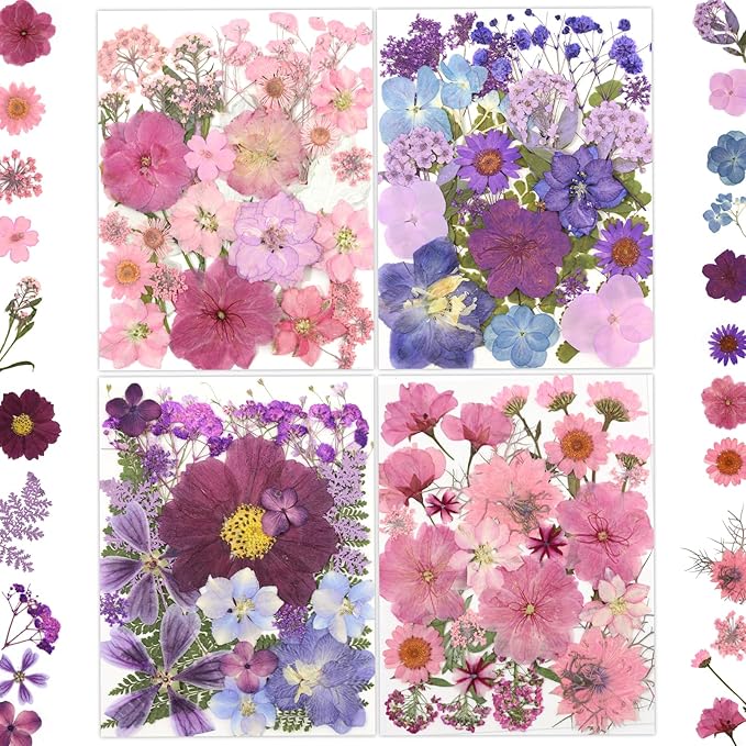 100 Pcs Dried Pressed Flowers for Crafts, Preserved & Dehydrated in Pink/Purple/Blue for Resin Art, Jewelry, Candle/Soap Making - Tweezers Included