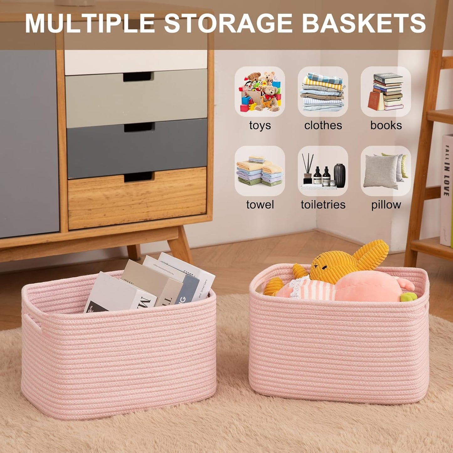 Storage Baskets for Organizing, Woven Decorative Baskets for Shelves - Books, Towels, and Clothes, Cotton Rope Toy Storage Bins, 12.7''Lx9''Wx7.8''H, Pack of 4, Pink