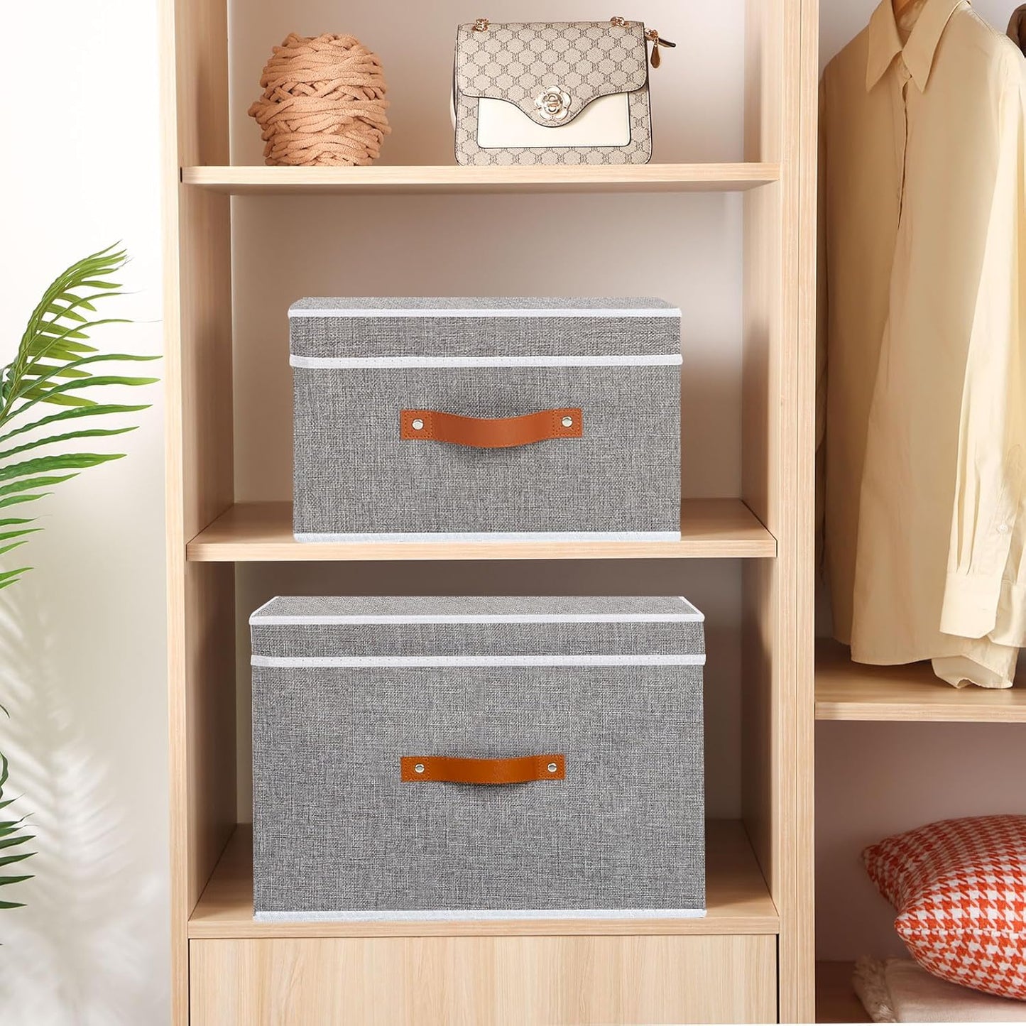 Fabric Storage Bins with Lids, Linen Foldable Clothes Boxes, Closet Organizer Containers with Double Handles, Baskets for Bedroom, Grey, 1 Pack, 13 x 9.1 x 7.9 Inch